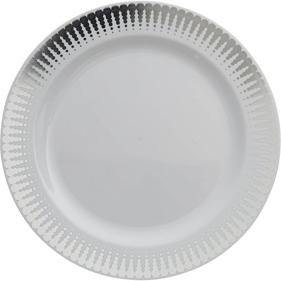 Exquisite White/Silver Radial 40 Pack 9" Disposable Salad Wedding & Party Dinnerware Plastic Plates