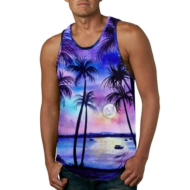 Débardeur Homme Adulte Hauts Spandex Printemps Été Décontracté Chemise Col Rond Imprimé Blouse Sans Manches Mode Vêtements (Violet, TG)