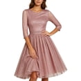 thumbnail image 2 of Karymi Easter Dress Glitter Mesh Cocktail Party Dress, Round Neck 3/4 Sheer Sleeve High Waist A-Line Knee Length Dress, Sparkly Tulle Evening Dress Dresses for Women, 2 of 7