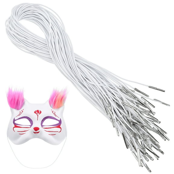 LITINKIMI 50pcs Barbed Elastic Cords with Metal Ends White Stretch Loops for Masks Lanyard Loop Party Hats DIY Crafts Projects Rope Thread String Extender Strap for Badges Book Binding Signs