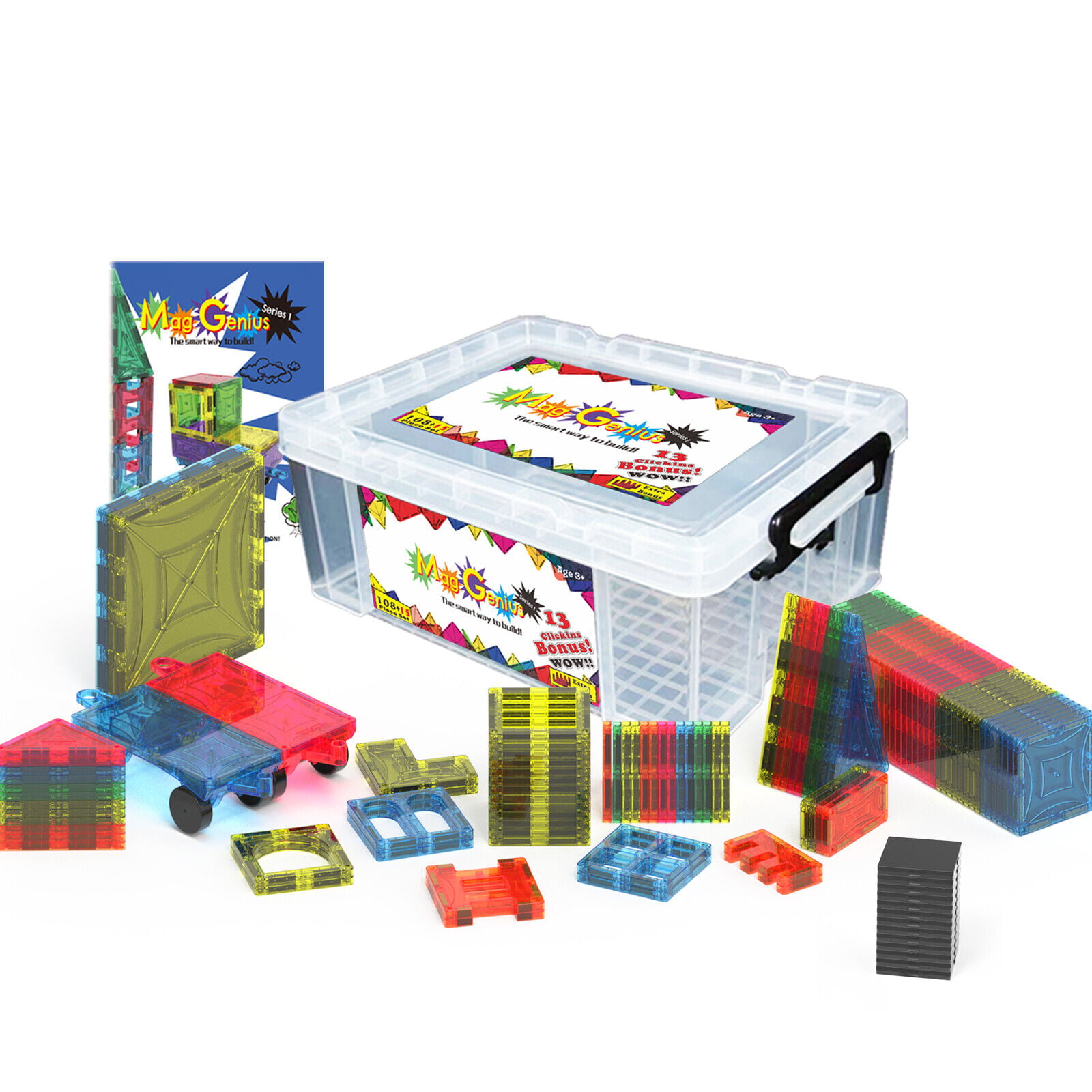 Mag-Genius building Tiles Magnet Toy Blocks Clear Colors 3D Brain Building  Blocks Set of 185 + Piece Includes 2 Cars And Free Storage Bin