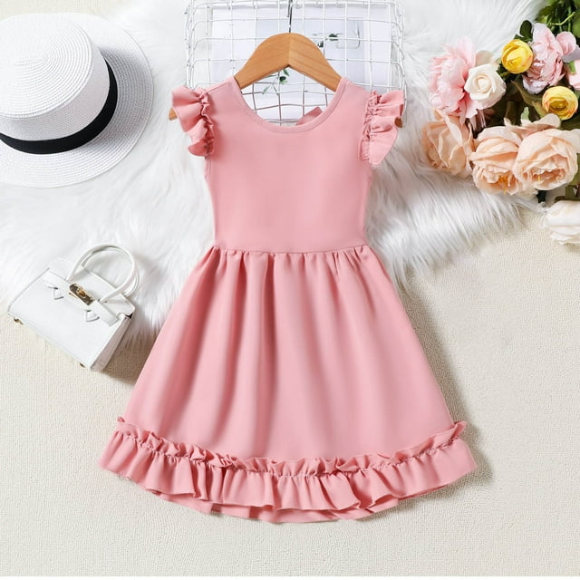 LOVZFMLL Robe d'Été Unie à Manches Fleur Volante avec Col Rond Respirante pour Filles