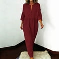 thumbnail image 3 of Vestido de Manga 3/4 para las Mujeres Color Sólido Suelto Mezcla de Lino Casual Cuello en V Maxi, 3 of 8