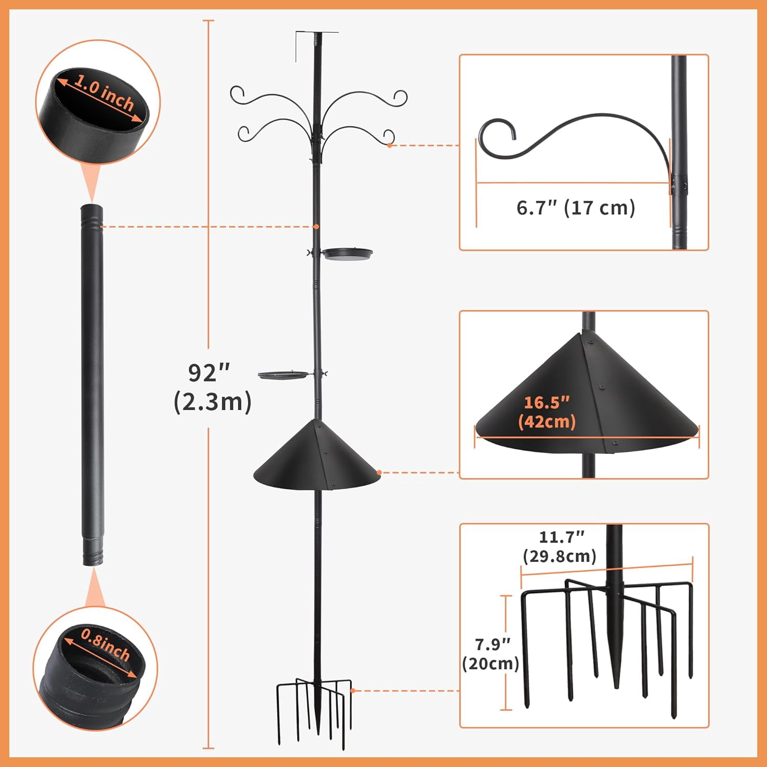 92 Inch Squirrel Proof Bird Feeder Pole with 9 Prongs Base, 1 Inch Dia Bird House Pole, Heavy Duty Bird Feeder Stand, Adjustable Shepherds Hooks for Outdoor with Squirrel Baffle Birdbath Tray