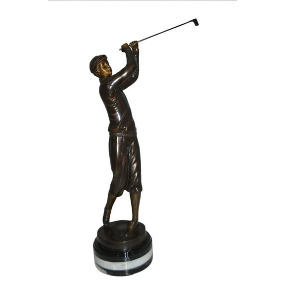 Golfer on Marble Bronze Statue -  Size: 8"L x 8"W x 22"H.
