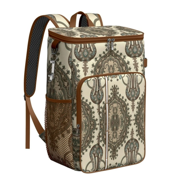 Retro Paisley Boho Floral Insulated Cooler Backpack, Leakproof Waterproof Lunch Bag, Vintage Abstract Decorative Mandala Design for Outdoor Use