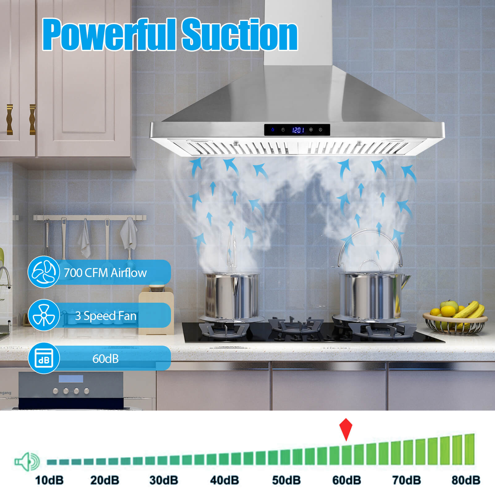Joeaonz 30-Inch Chimney Hood with Steel Ventilation, LED Lighting, 700 CFM