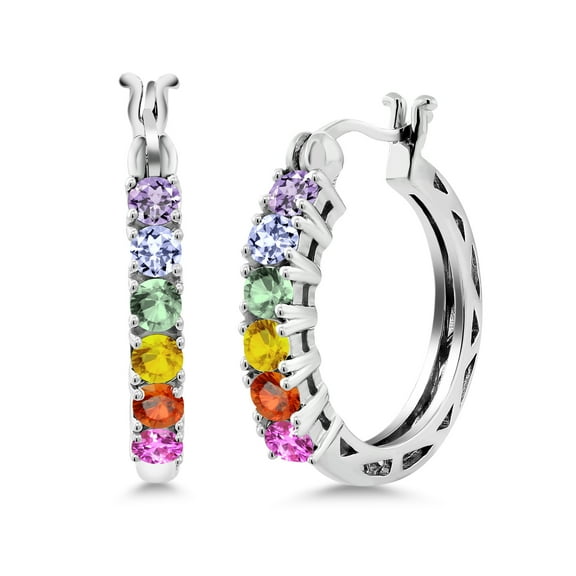 Gem Stone King 1.56 Cttw Multi Color Sapphire Hoop Earrings for Women | 925 Sterling Silver | 22MM = 0.85 inches Diameter | Fine Jewelry Gifts for Women Mom Wife Her