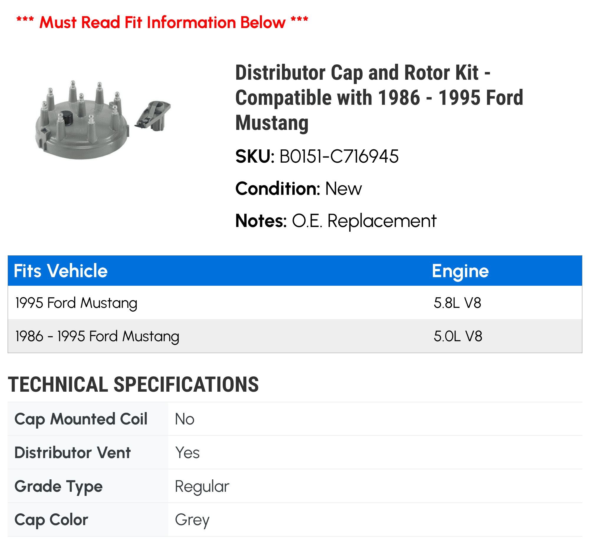 Distributor Cap and Rotor Kit - Compatible with 1986 - 1995 Ford Mustang 1987 1988 1989 1990 1991 1992 1993 1994