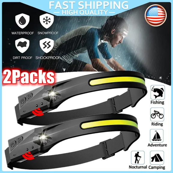 2 Pack Cob Led Headlamp Headlight Torch Flashlight Work Light Bar Head Band Lamp