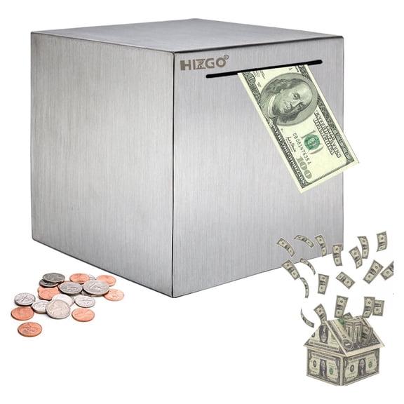 Hizgo Piggy Bank for Adults Stainless Steel Saver Box to Help Budget and Save Must Break to Access Money（4.72 inch Silver）