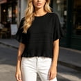 thumbnail image 4 of dazeni Sweaters for Women Ruffle Flare Short Sleeve Knit Crochet Pullover Hollow out Oversized Crewneck Tops Black, 4 of 7