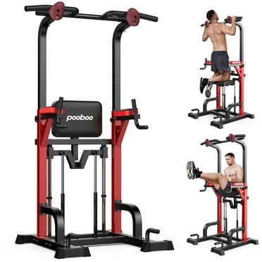 Pooboo Power Tower Pull Up Bar Dip Station with Resistance Assisted Pad Multi-Function Adjustable Height Home Gym Strength Training Fitness Workout Equipment 480 LBS