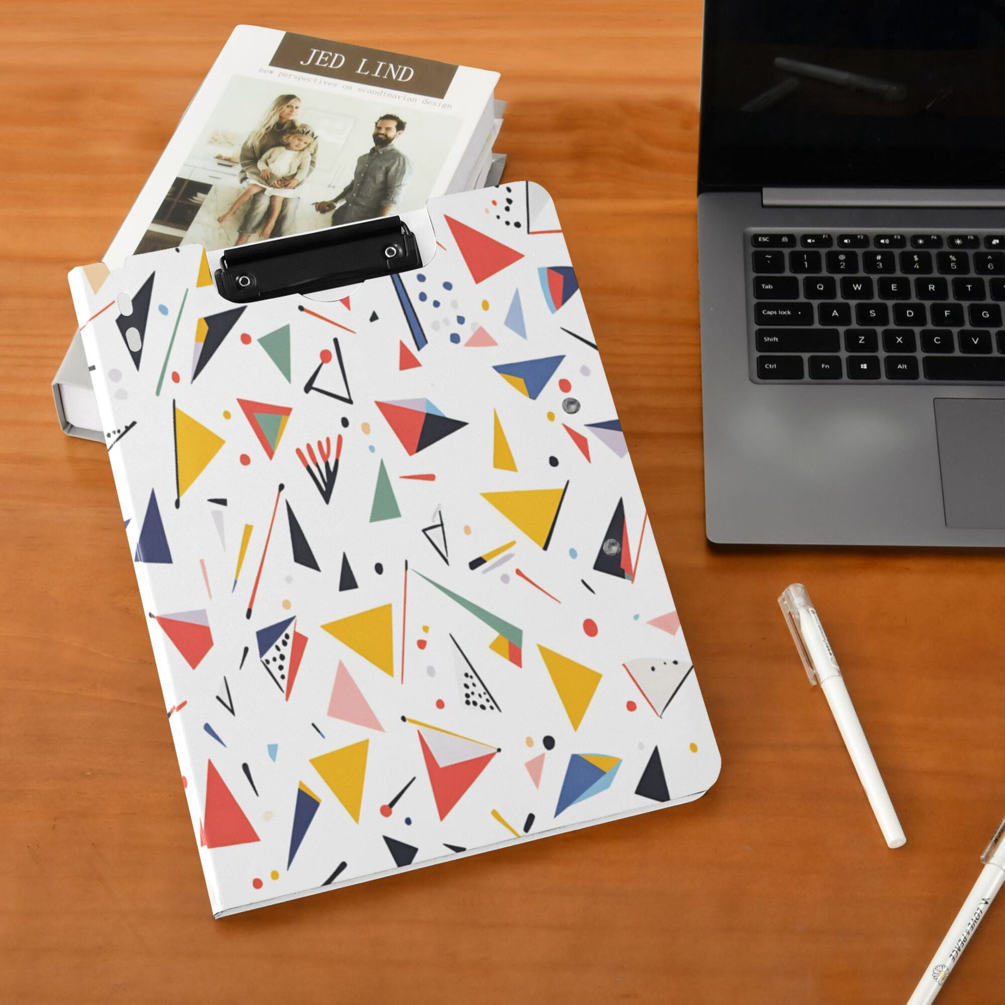 FORMRS A4 Clipboard Folder with Pen Holder Horizontal Foldable School Office Binder, White Triangles