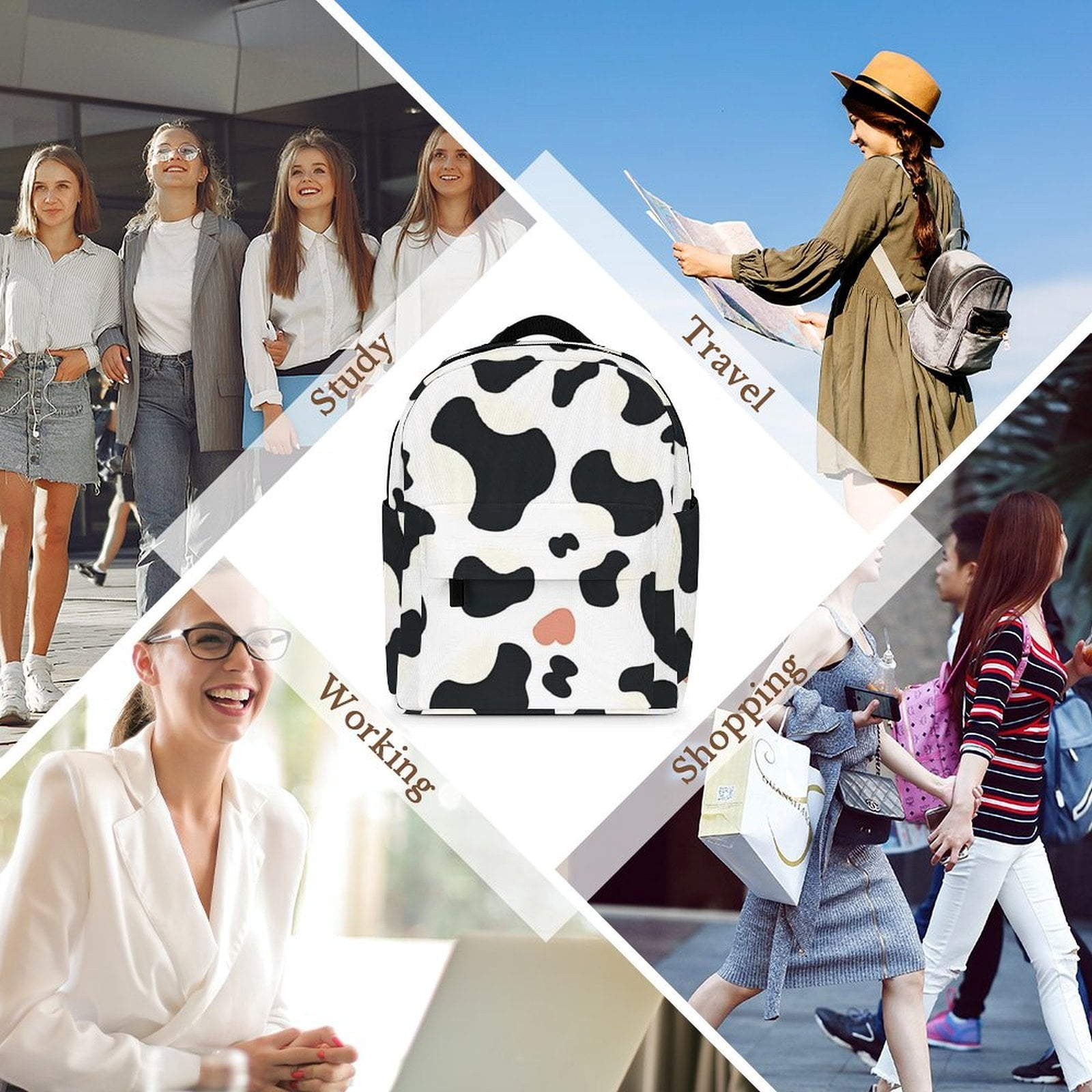 8.1×10in Casual Women'S Backpack With Anti-Contraction And Stretch For Sports Activities Travel Picnics Simple Cow Print Pattern1_3