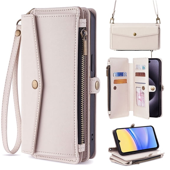 for Samsung Galaxy A17 5G Case Wallet with Card Holder Zipper Bills Slot, Soft PU Leather Detachable Shoulder Strap and Wrist Strap Kickstand for Samsung Galaxy A17 5G Rugged Cover, White