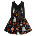 thumbnail image 2 of Women's Halloween Dress Spider Hepburn Long Sleeve Casual Dresses Bone 1950s V-Neck Fall Tea Length Dress with Belt M, 2 of 7