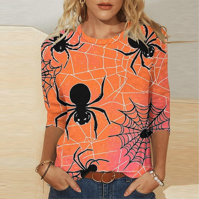 Ailaofu Halloween 3/4 Length Sleeve T Shirt Women Funny Graphic Print Fall Tee Tops