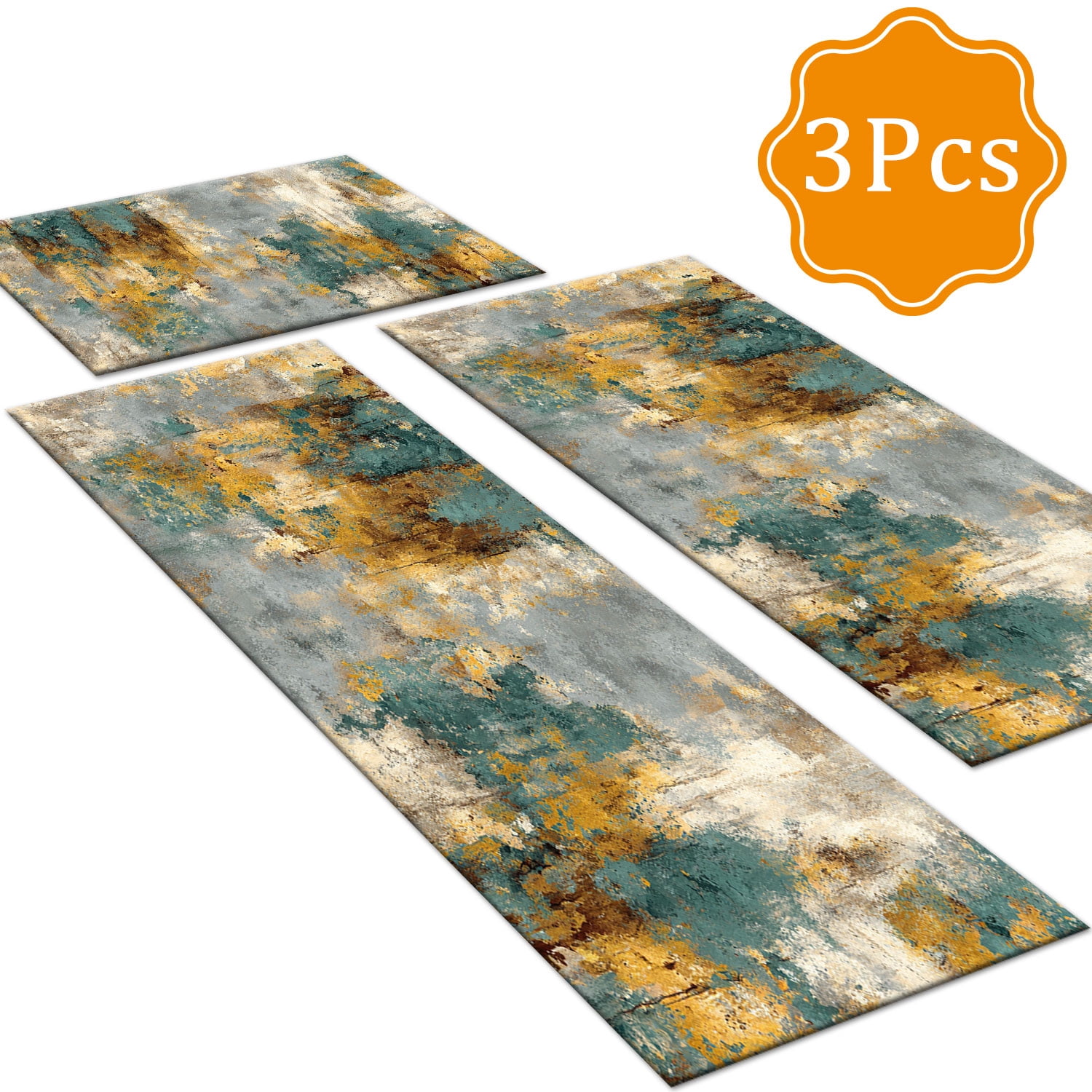 3-Piece Farmhouse Kitchen Rug Set, Washable Anti Slip Striped Floor Mats in 3 Sizes, Stain Resistant Decor Rugs for Kitchen Hallway Bathroom Home Christmas Decor