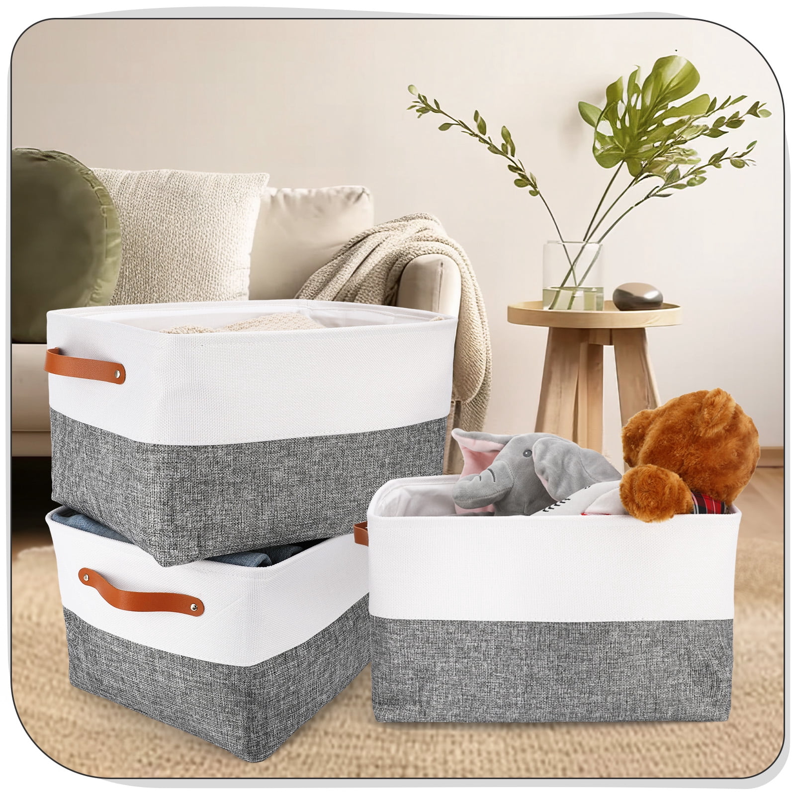 LUIISIS 4 Pack Large Fabric Storage Baskets, 15"x11"x9.5" Storage Bins, Decorative Linen Closet Organizers and Storage with Handles for Organizing, Shelf, Toys, Clothes, Home, Office, Nursery