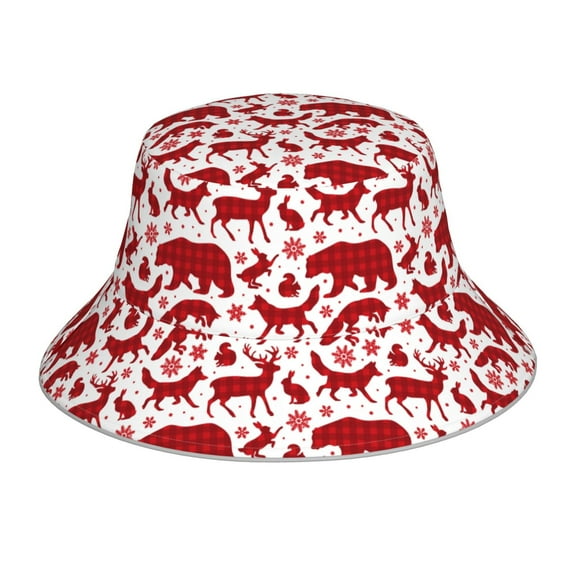 Pofeuu red plaid Moose Bunny bear Print Bucket Hat for Women Men Reflective Bucket Hats Beach Summer Sun Hat Travel Fisherman Cap