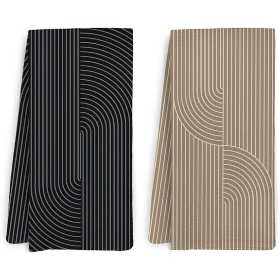 Modern Arc Stripe Kitchen Towel Set of 2, Abstract Geometric Line Hand Dish Tea Towels, 24 x 16 Inch Black and Beige Decorative Blend Towels for Kitchen Bathroom