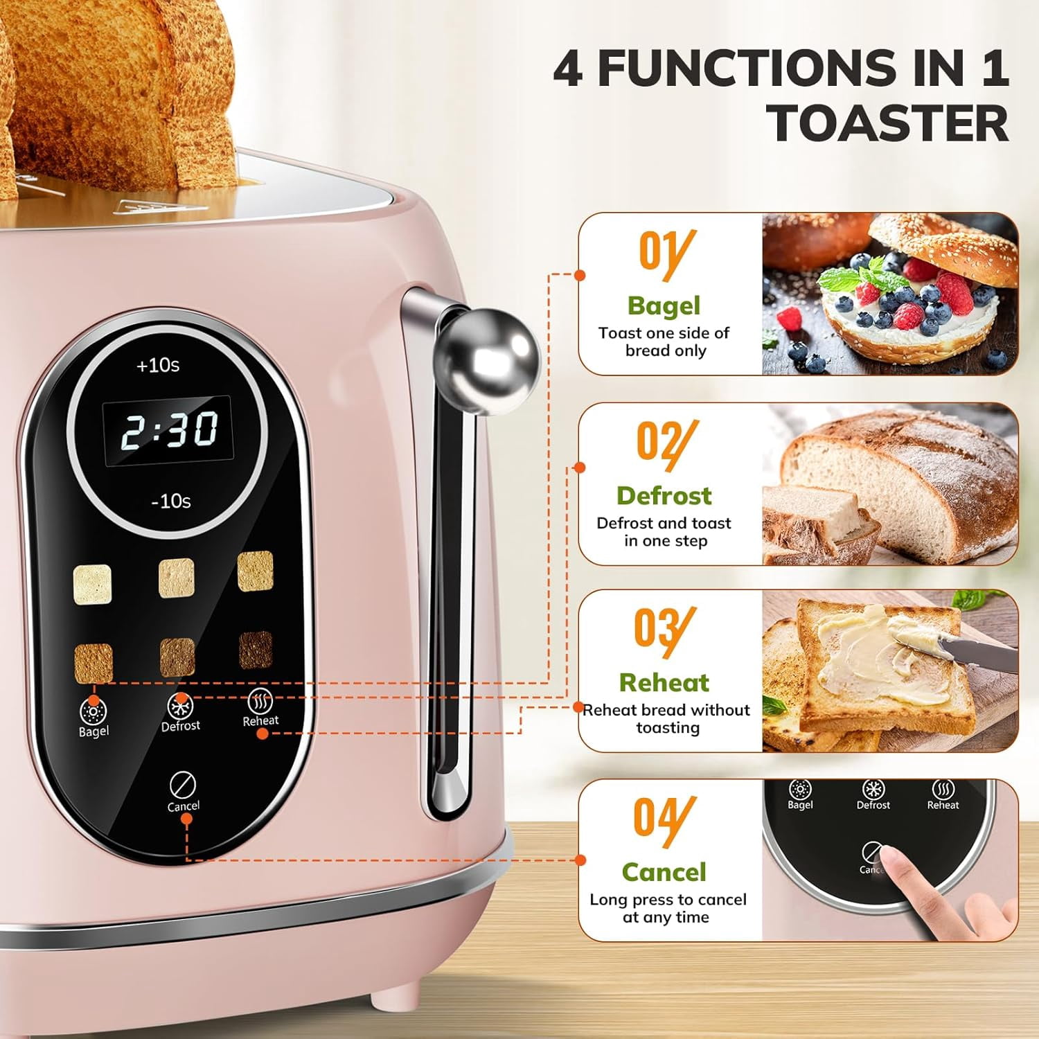 Smart Touch Screen Toaster 2 Slice, Retro Wide Slot Stainless Steel Toaster with 6 Browning Levels, Reheat & Defrost, for Bagel, Toast, Bread, Removable Crumb Tray, Black