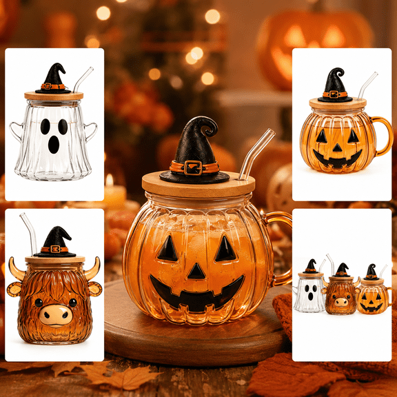Halloween Pumpkin Cow Glass Cup with Lid and Glass Straw, 12oz Cute Ghost Cow Halloween Glass Cups, Pumpkin Tumbler for Iced Coffee Tea, Spooky Gift for Women, Boo Basket Stuffers, Ghost Style