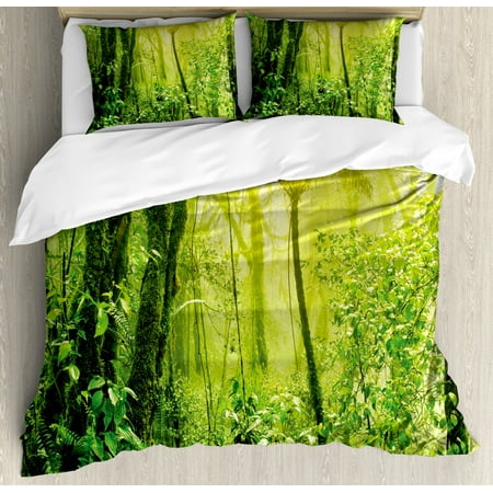 Green Duvet Cover Set Tropical Amazon Wildlife Nature Forest With