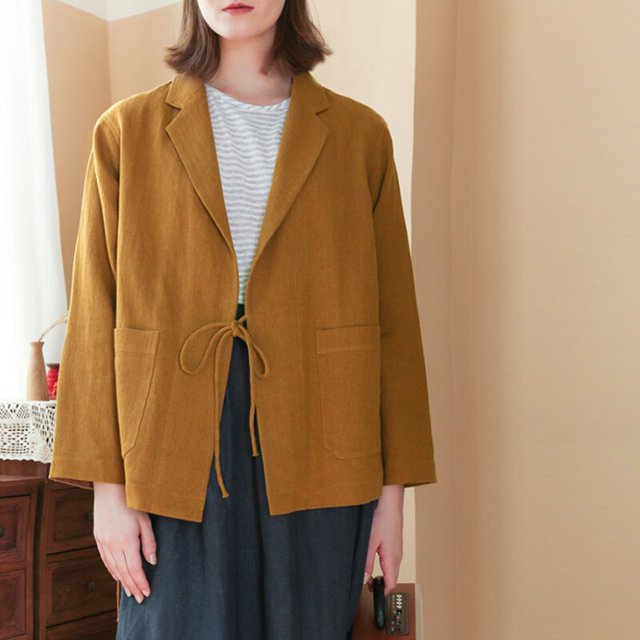 Retro 100% Ramie Women Blazer Coat Casual Long Sleeve Lace Up Bandage Streetwear Overcoat Female Jackets Outerwear With Pocket zhangmengya LED