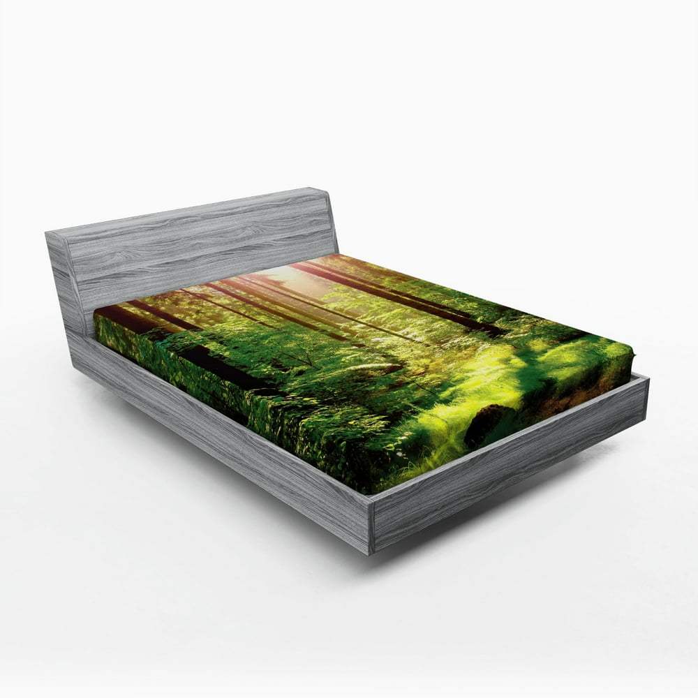Forest Fitted Sheet, Forest in Spring Time Sunset Moss Woods Leaf