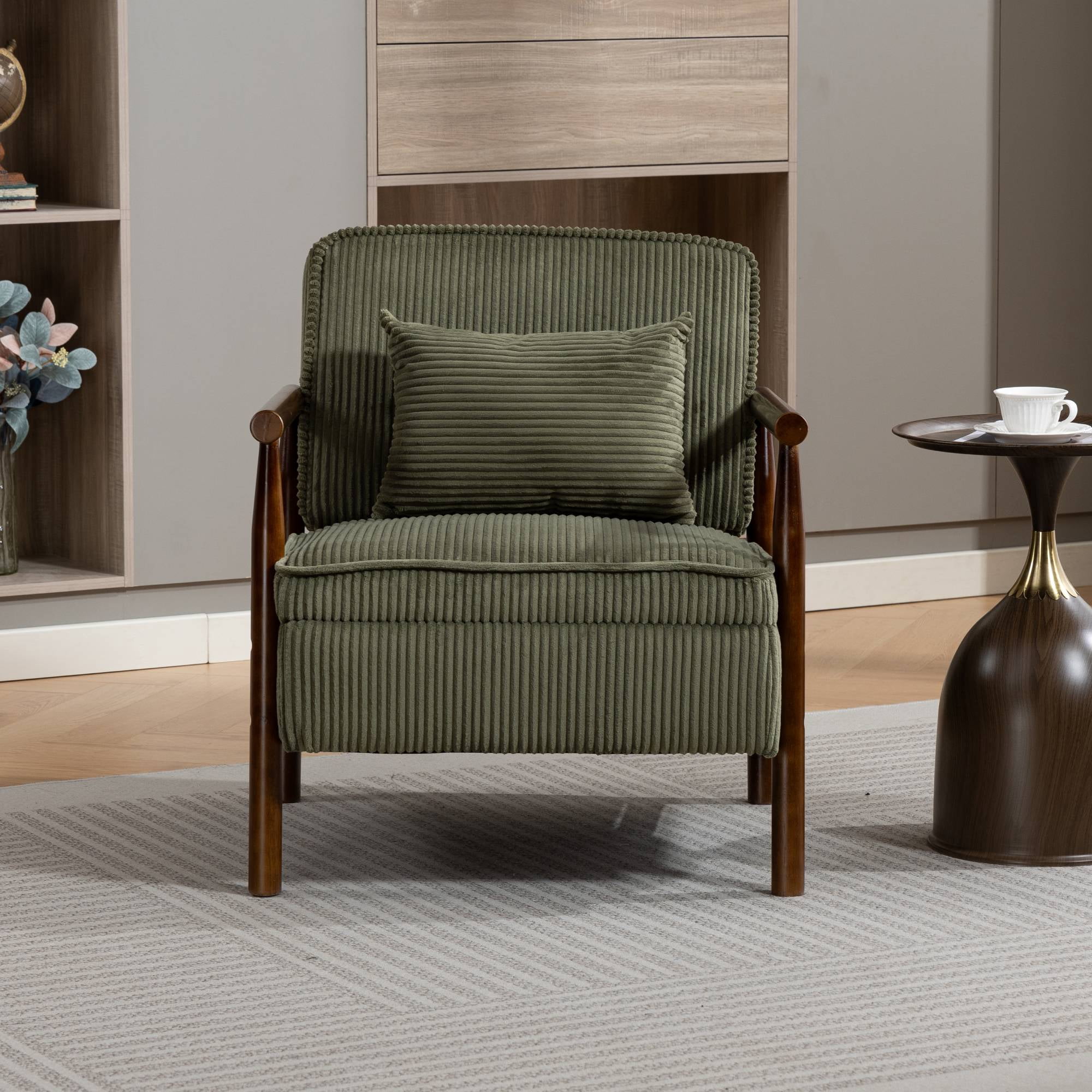 Mid-Century Accent Chair with Storage, Modern Comfy Reading Armchair with Lumbar Pillow for Living Room, Green