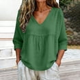 thumbnail image 4 of Lenpel Womens Cotton Linen Tops V Neck 3/4 Sleeve Solid Color Shirts Casual Loose Fit Fashion Lace Patchwork Blouses, 4 of 7
