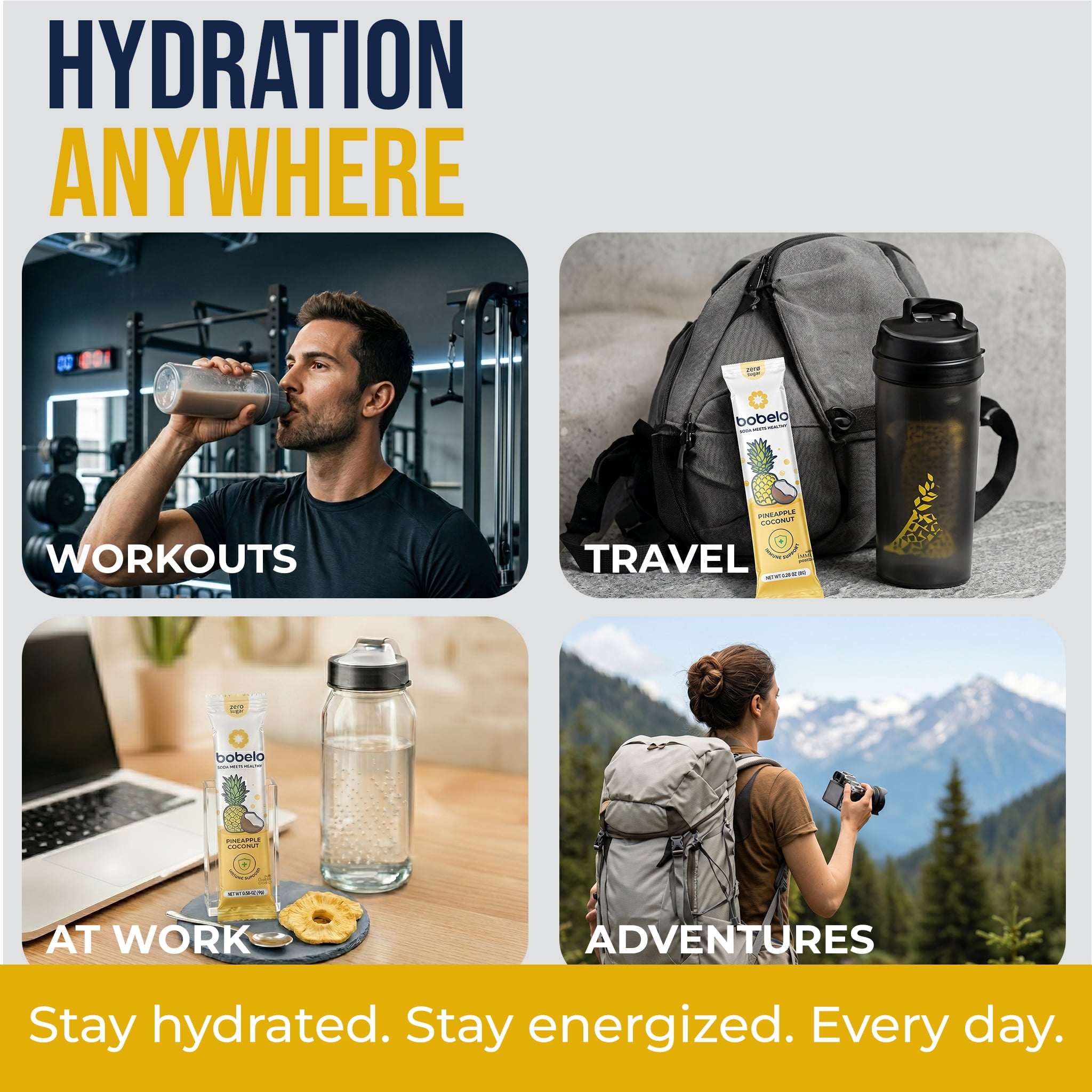 Bobelo Hydration Drink Mix, Pineapple Coconut, Electrolyte Powder, Stress Support, 15 Ct, 0.28 oz