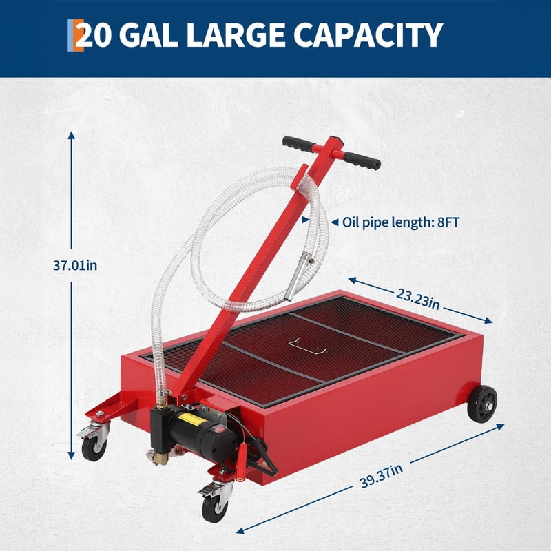 Low Profile Oil Drain Pan 12V, 20-Gallon Metal Oil Change Pan Cart with 180W Electric Pump, 8FT Hose & Folding Handle for Cars, SUVs, Trucks, Buses