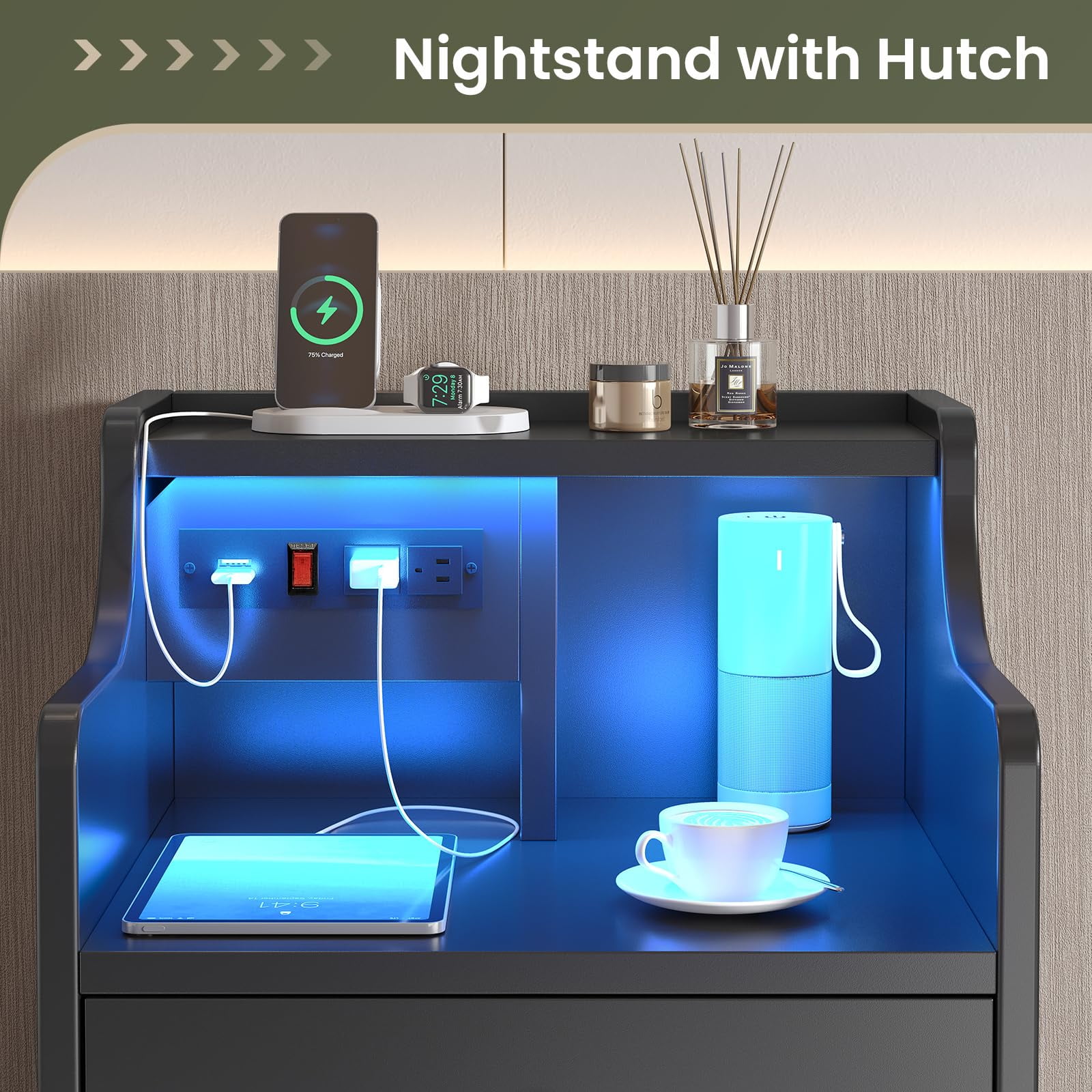 Nightstand with 3 Drawers and Hutch,Night Stand with LED Lights and USB Port Charging Station,LED Bedside Table with Shelves,Black