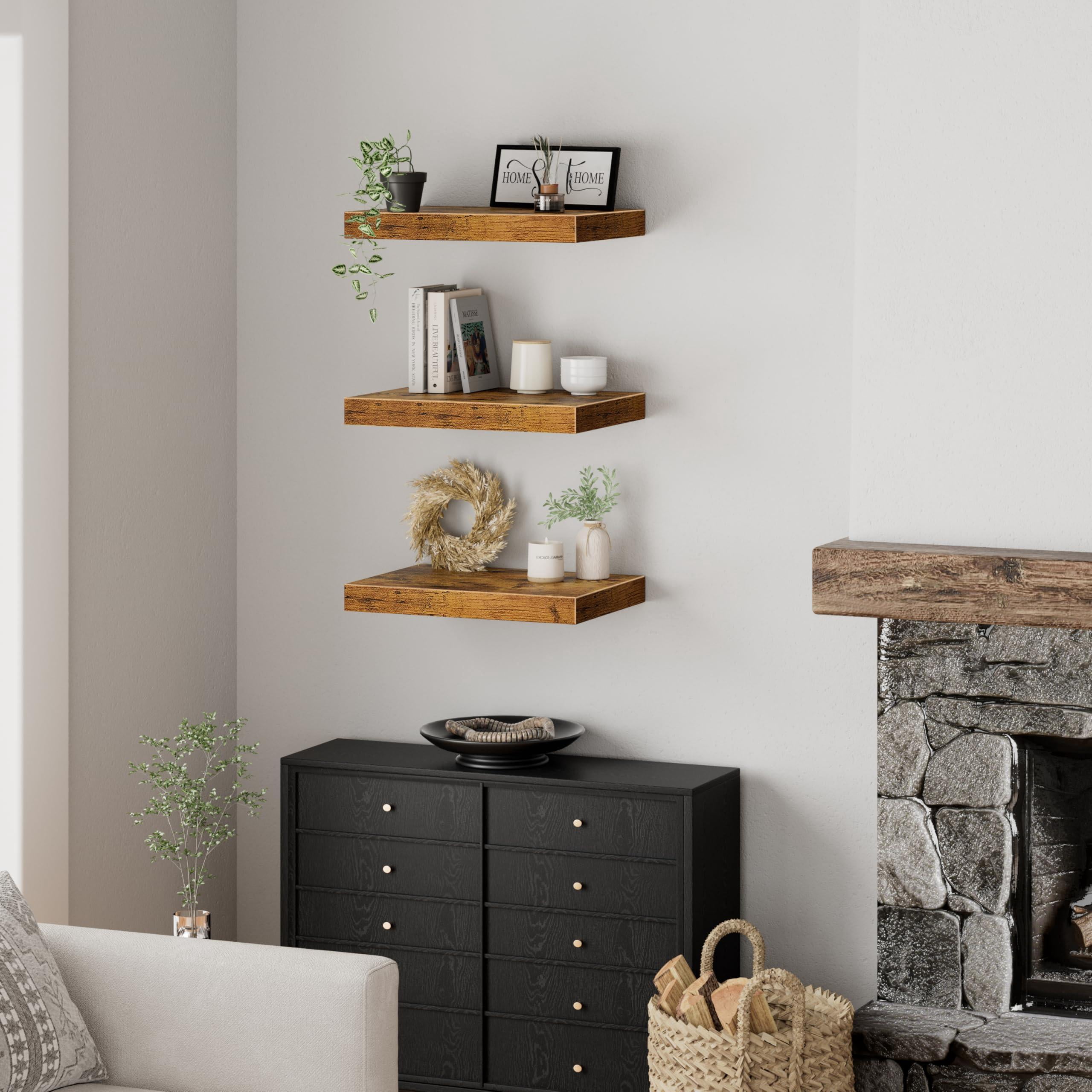10" Deep Floating Shelves For Wall - 10 X 16 Inch Book Shelf Bathroom Bedroom Kitchen Living Room Hanging Bookshelf Farmhouse Set Of 3  Rustic Brown (025-40bn3)