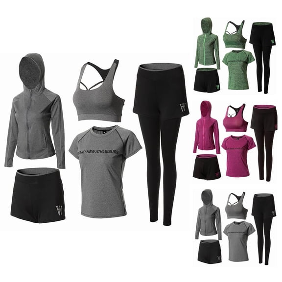 Purcolt Womens 5 Piece Workout Outfits Athletic Jogging Tracksuits Sport Suits Lightweight Matching Outfits Set for Yoga Gym Exercise