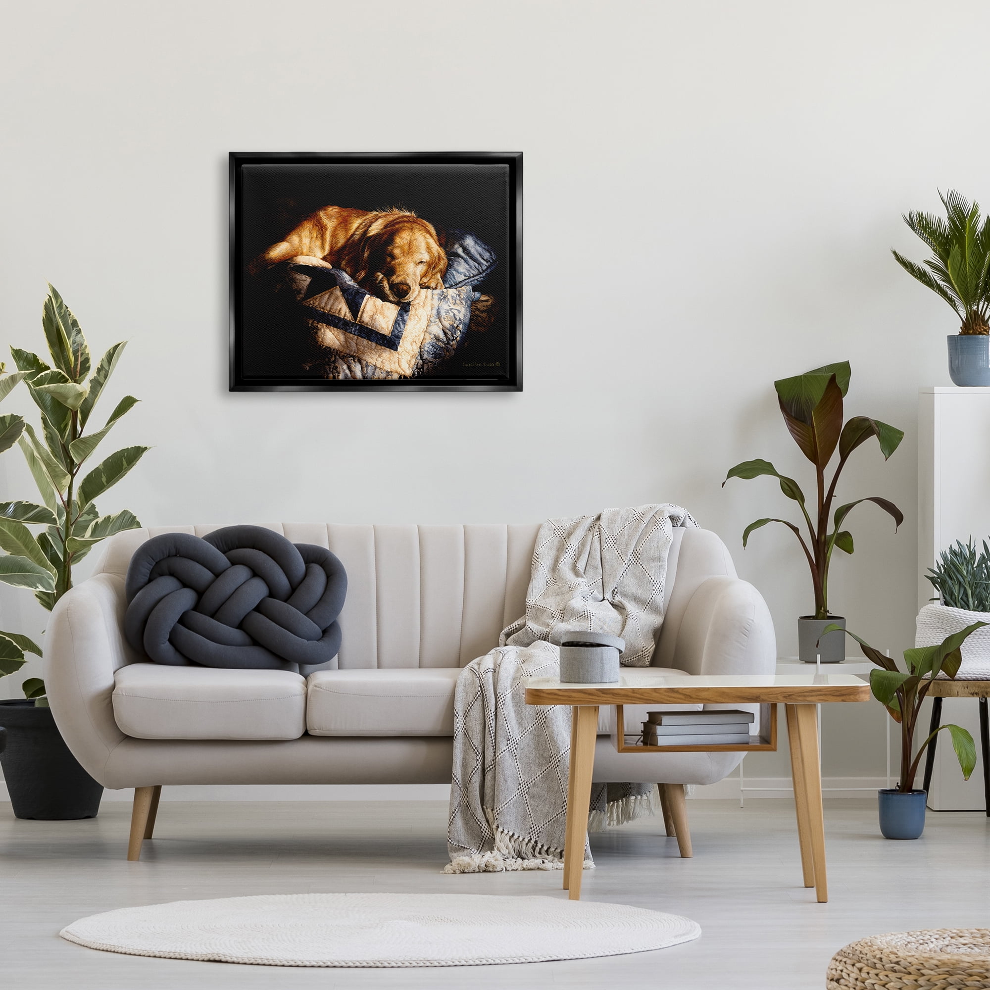 Stupell Industries Cozy Dog Sleeping Quilt Animal Animals & Insects Painting Black Floater Framed Art Print Wall Art