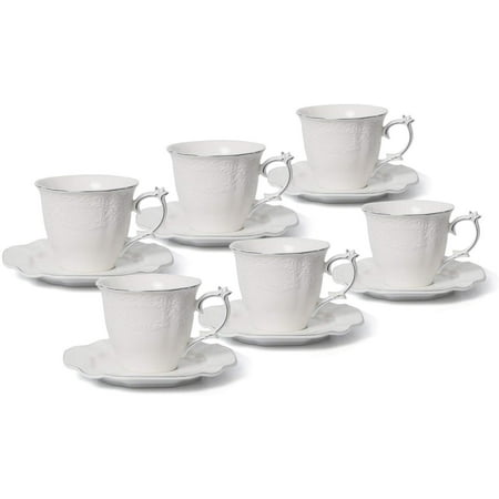 Royalty Porcelain 12pc Tea Set 'Filigree' 6 Cups 6 Saucers, Bone China (Silver)