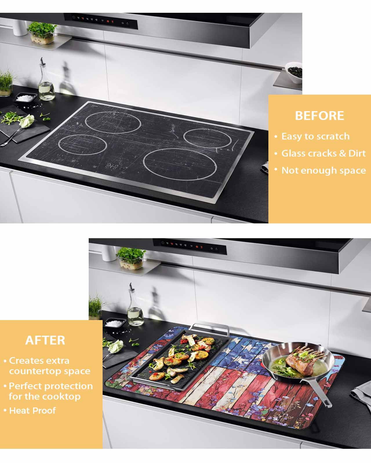 nqOlkjepod Large Induction Cooktop Protector Mat 36"x21", American Flag Stove Top Covers for Electric Stove, Red Blue Star Stripe Patriotic Floral Bird Stove Burner Cover Mats, Glass Top Stove Cover