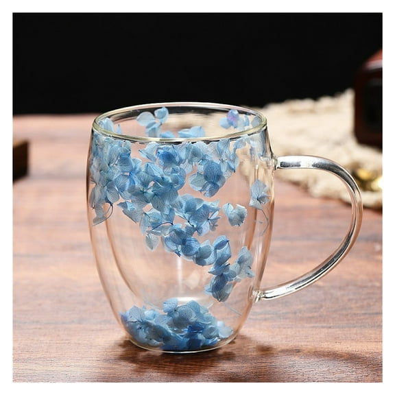 Double Glass Flower Tea Cup, Double Wall Glass Coffee Mugs, Clear Insulated Coffee Mugs with Handle