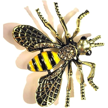 44mm Enamel Honey Bee Brooch Vintage Style Art Deco Realistic Insect Pin Animal Black Gold Lapel Rhinestone Crystals Badge Fashion Decor Jewellery Jewelry Gift + Marvelous Gift Box