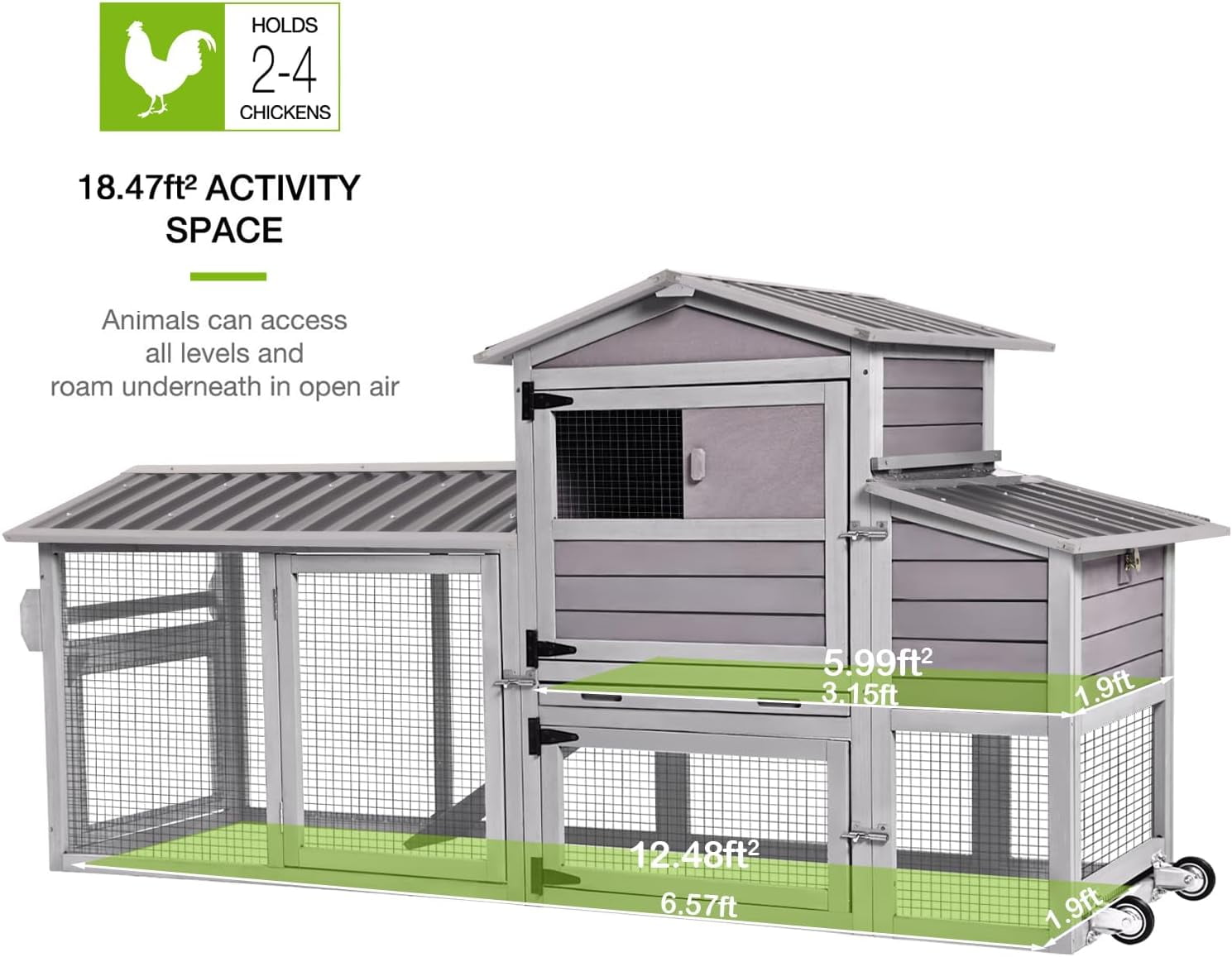 MEDEHOO Chicken Coop 80in Mobile Chicken House with Run Portable Wooden Poultry Cage with Nesting Box Rabbit Hutch on Wheels,Movable
