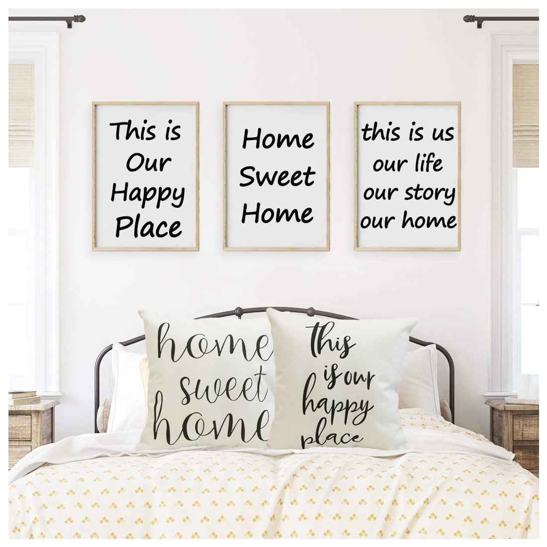 NYDECOR Farmhouse Pillow Covers 18x18 Set of 4 Rustic Family Throw Pillow Covers Quote Home Sweet Home Pillow Case This is Our Happy Place This is Us Cushion Cover Cotton Linen for Couch Sofa Bed