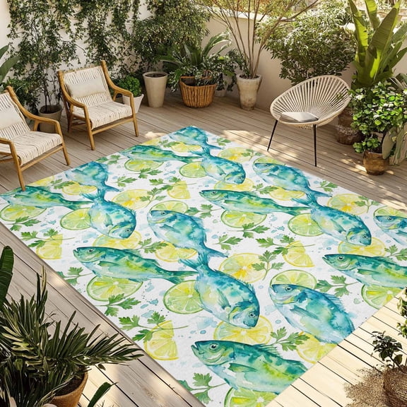 Coastal Fish Outdoor Rug for Patio/Deck/Porch, Non-Slip Large Area Rug 4 x 6 Ft, Summer Ocean Marine Animals Lemon Watercolor Indoor Outdoor Rugs Washable Area Rugs, Camping Rug Carpet Runner