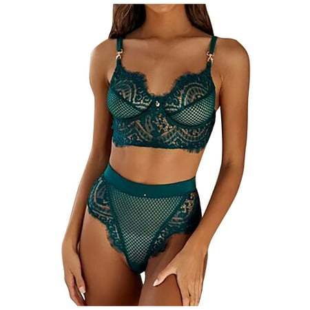 

DENGDENG Womens Sexy Hollow Out Underwire Fishnet Lingerie 2 Piece Eyelash Lace Bra and Panty Set