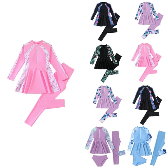 Agkizg Girls Three Piece Swimsuit Set Rashes Guard Print Long Sleeve Top Long Pants Swimwear for Kids Youth
