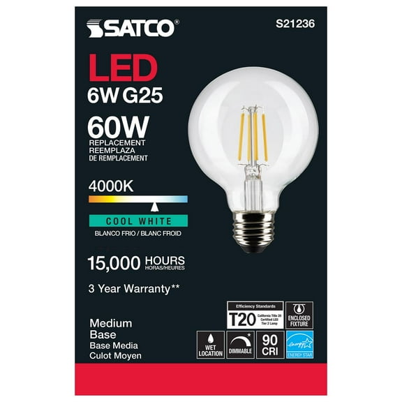Satco S21236 G25 Globe LED Light Bulbs 6W 120V 4000K 90CRI E26 Medium Base Dimmable (6 Pack)