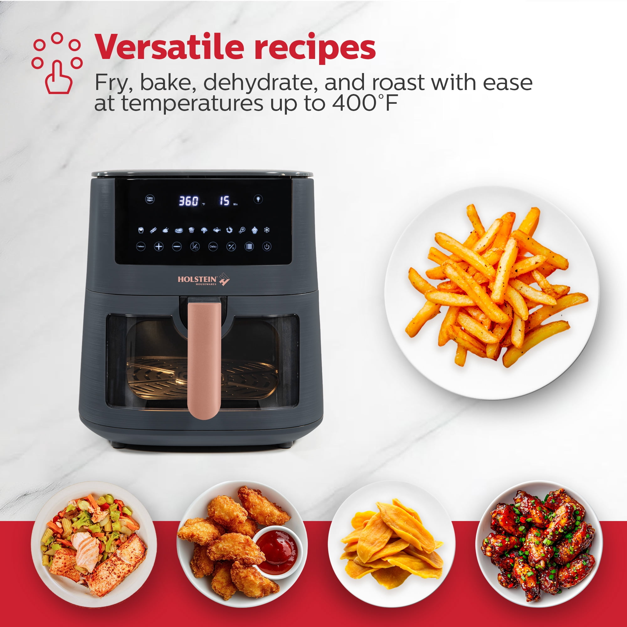 Holstein Housewares 7.6QT DIGITAL AIR FRYER ROSE GOLD – Large Capacity, LED Touchscreen, Viewing Window, 11 Presets, Preheat & Keep Warm Functions, Hot Air Technology for Healthier Cooking
